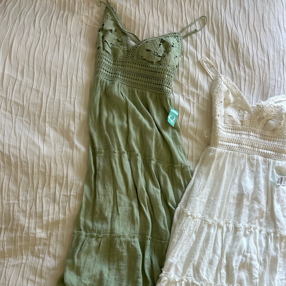 Green and White Crochet Maxi Dresses